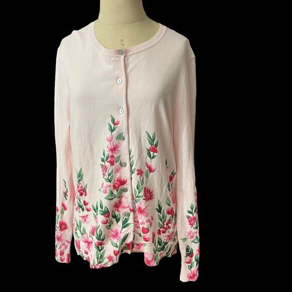 Karen Scott Lt. Pink/Roses Embroidered Cardigan Sweater / SZ: M / NWOT - Picture 1 of 6